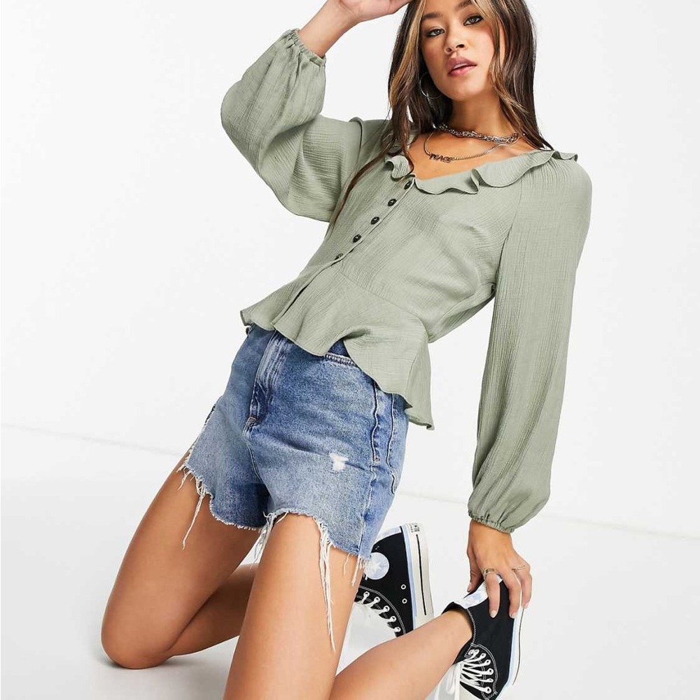 Asos Topshop plain frill neck peplum top khaki US 10 EUC